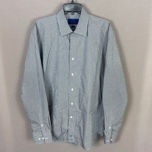 David Donahue Mens Plaid Button Up Trim Shirt in Blue Grey Size 17 Neck